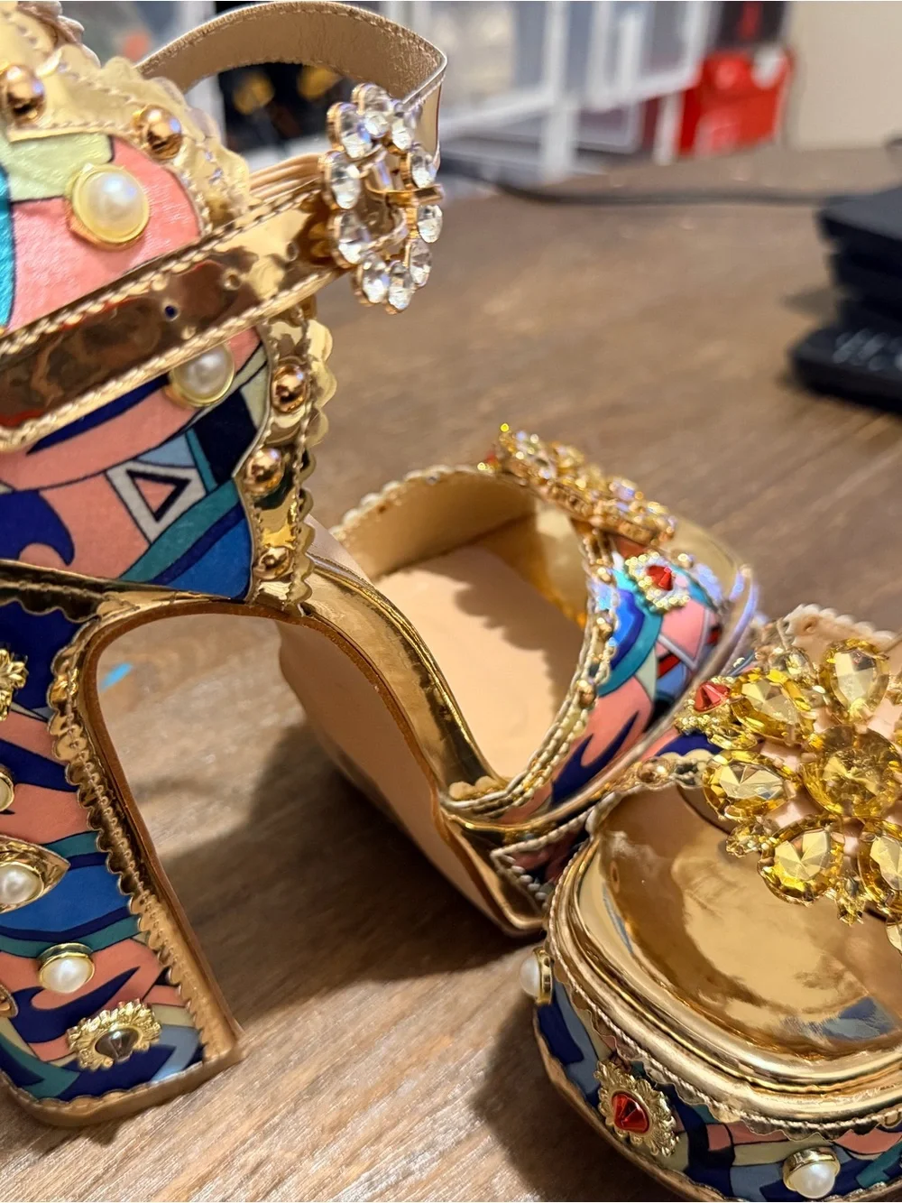 Fashion Nova Pink Multicolor Jeweled Platform Sandal with Gold Trim
